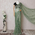 ساري دانتيل شانتيلي معدني فرنسي فاخر باللون الأخضر والذهبي والفضي بتصميم زهور-D14556
