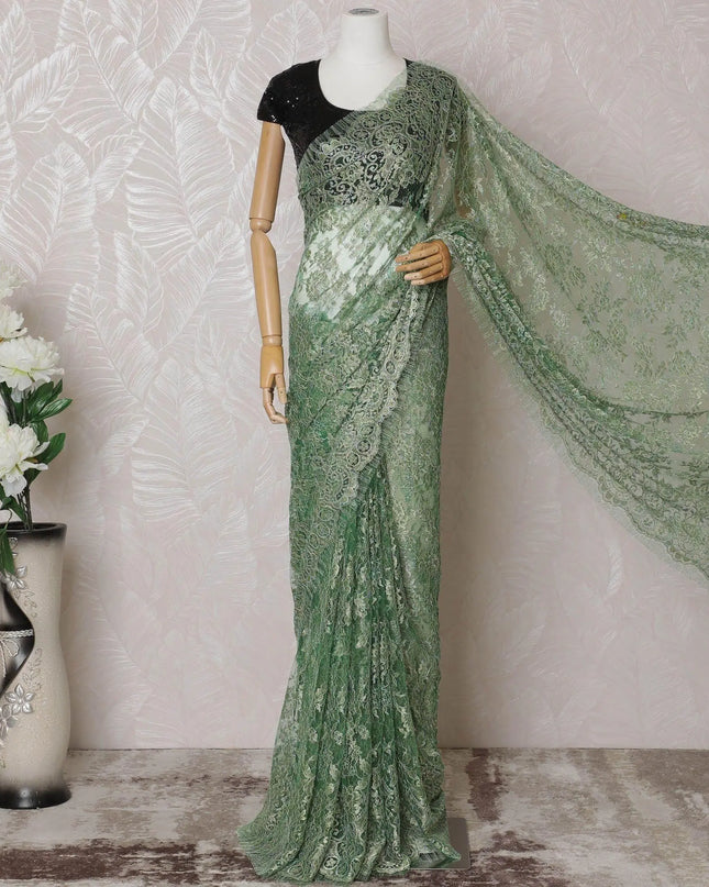 Parrot green, gold, silver Premium pure French metallic chantilly lace saree in floral design-D14556 Regal Fabrics