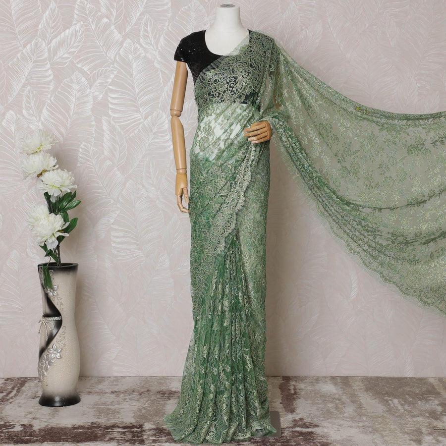 ساري دانتيل شانتيلي معدني فرنسي فاخر باللون الأخضر والذهبي والفضي بتصميم زهور-D14556