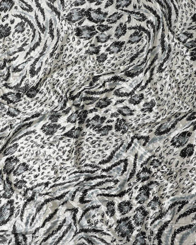 Daisy white Rayon velvet fabric with black, pewter grey print having metallic silver studs in abstract design Regal Fabrics