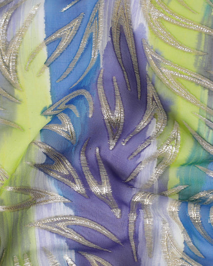 Multicolor premium pure silk chiffon fabric with gold metallic lurex in abstract design-D14072