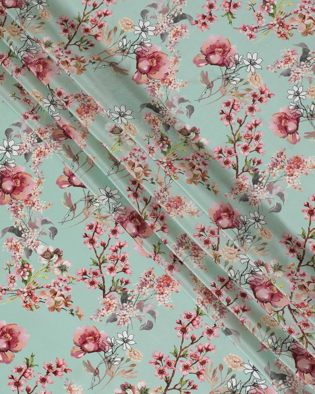 Vista green synthetic crepe fabric with multicolor print in floral design-D14467 Regal Fabrics
