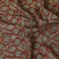 Chestnut brown synthetic modal satin fabric with olive green and beige print in floral design-D9102