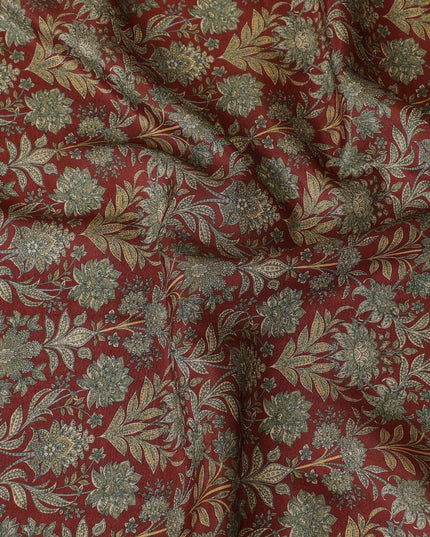 Chestnut brown synthetic modal satin fabric with olive green and beige print in floral design-D9102