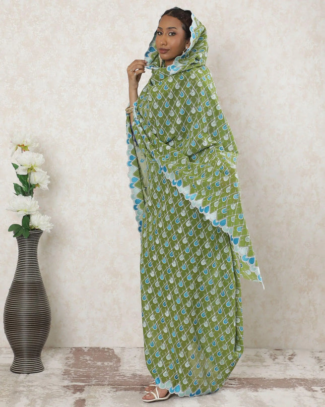 Sage green Premium pure Swiss cotton voile thobe with beige, vista green and blue embroidery in abstract design-D14339 Regal Fabrics