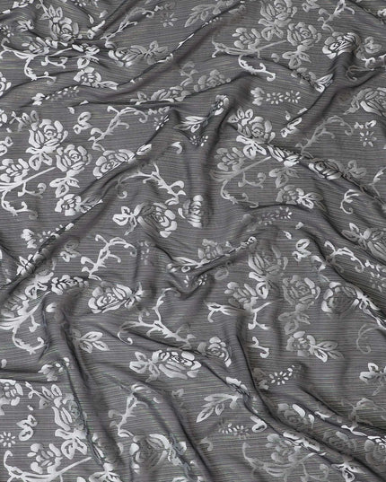 قماش شيفون حريري نقي أسود مع جاكار فضي بتصميم زهور-D15332