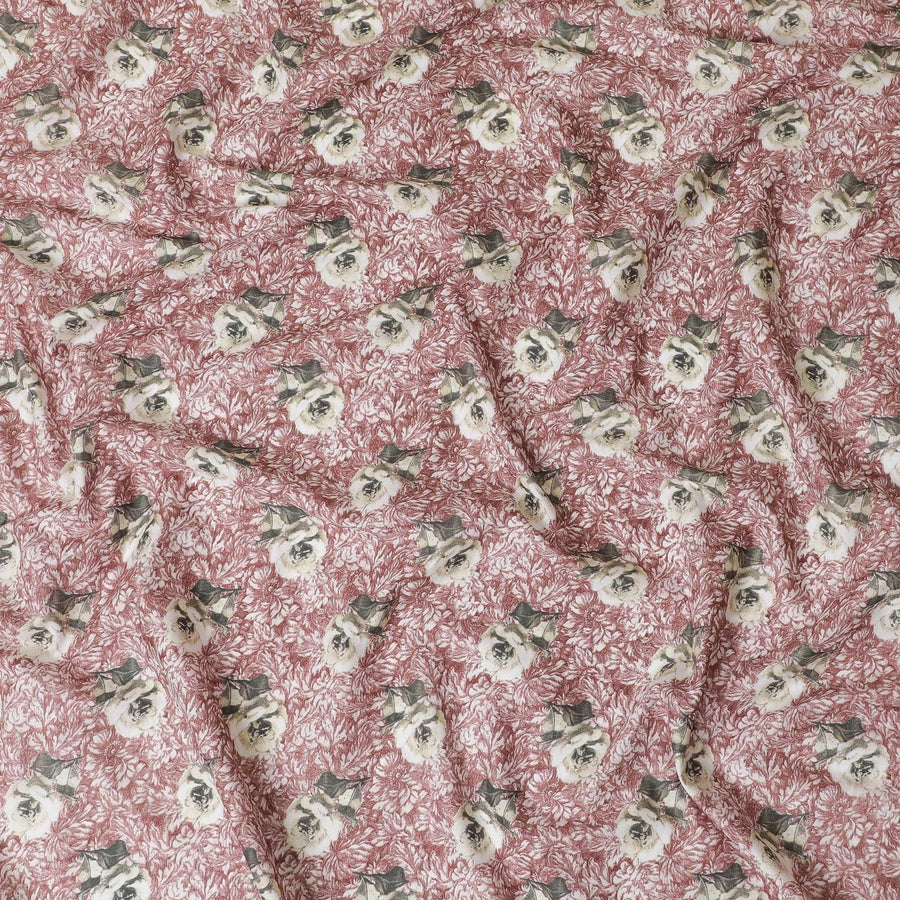 Light coffee brown cotton lawn fabric with forest green, off white and cream print in floral design-D11131