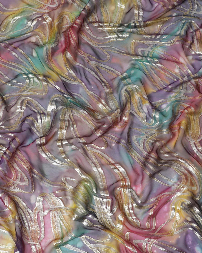 قماش شيفون من الحرير الخالص متعدد الألوان مع لوريكس معدني ذهبي بتصميم تجريدي-D14112