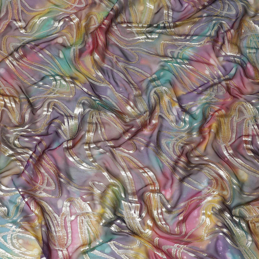 Multicolor Premium pure silk chiffon fabric with gold metallic lurex in abstract design-D14112