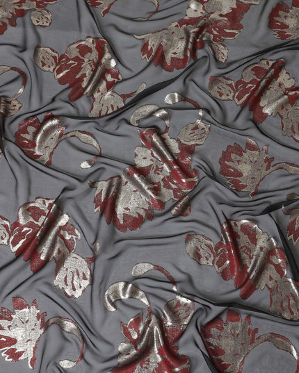 Black premium pure French (Fransawi) silk chiffon fabric with maroon viscose and gold metallic lurex in floral design-D10583
