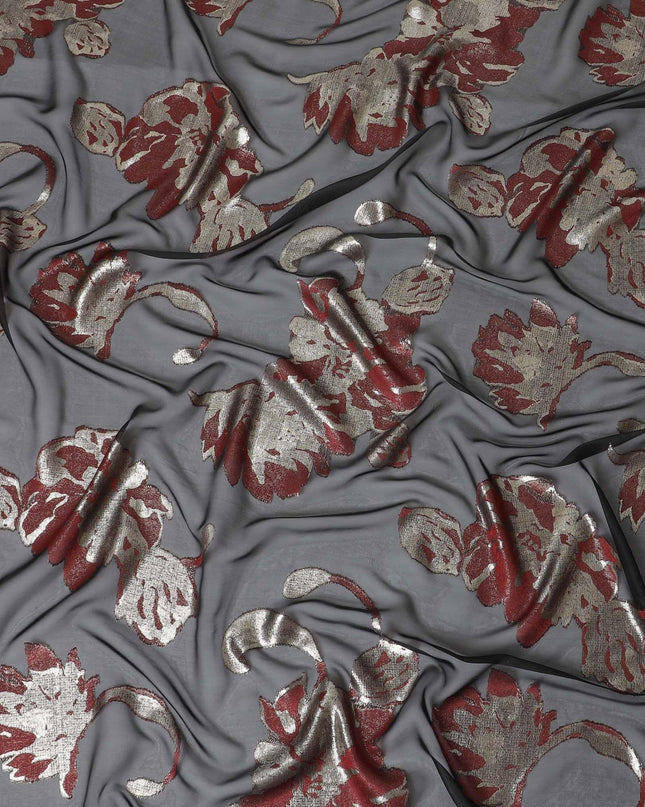 Black premium pure French (Fransawi) silk chiffon fabric with maroon viscose and gold metallic lurex in floral design-D10583