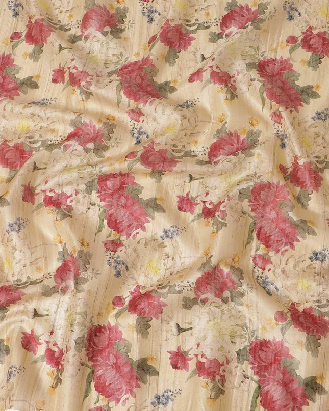Light gold tussar silk fabric with cerise pink, olive green, light mustard and brown print in floral design-D6136