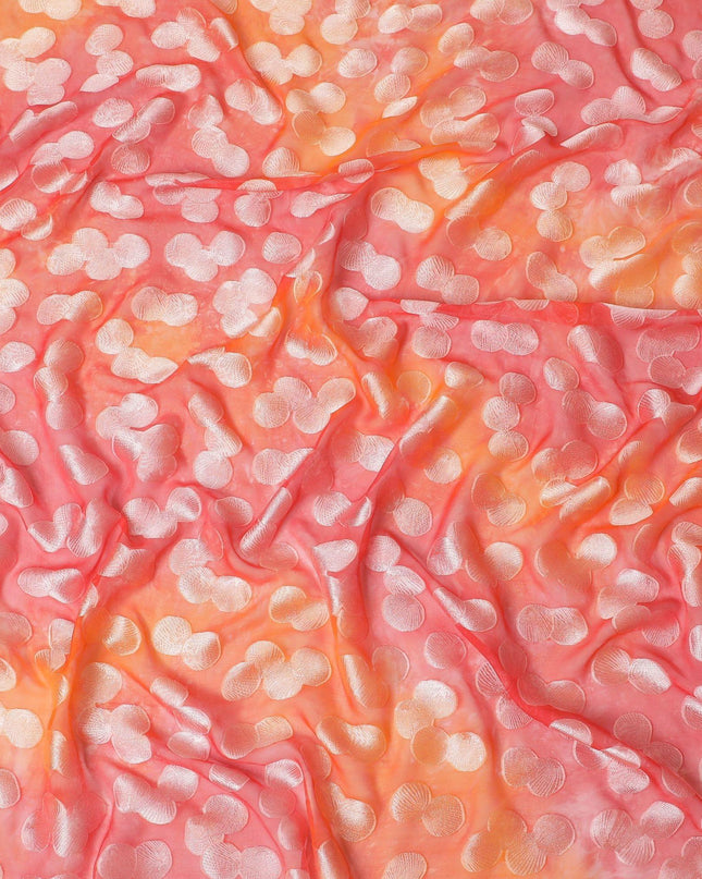 قماش شيفون حرير خالص برتقالي فاخر مع طباعة متعددة الألوان بها فيسكوز فضي بتصميم منقط-D13117