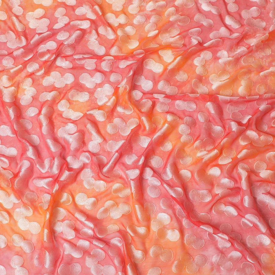 قماش شيفون حرير خالص برتقالي فاخر مع طباعة متعددة الألوان بها فيسكوز فضي بتصميم منقط-D13117