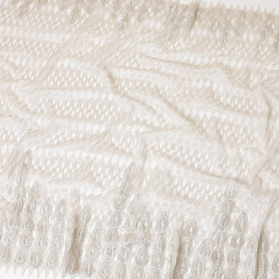 Silver nylon tulle fabric with white gold embroidery having guipure work in border design-D7718