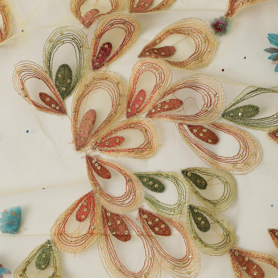 Golden yellow nylon tulle fabric with 3D flowers, sequins and multi color embroidery in paisley design