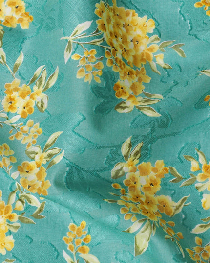 Jade green uragiri cotton voile fabric with same tone jacquard having mustard, olive green and black print in floral design-D14322