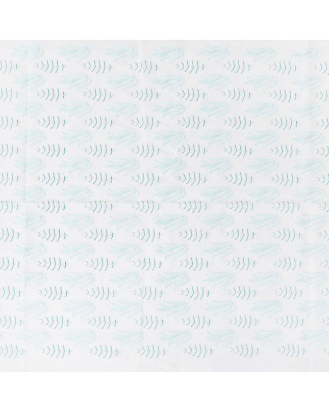 White cotton voile fabric with same tone and turquoise green embroidery in Leaf design-D9772