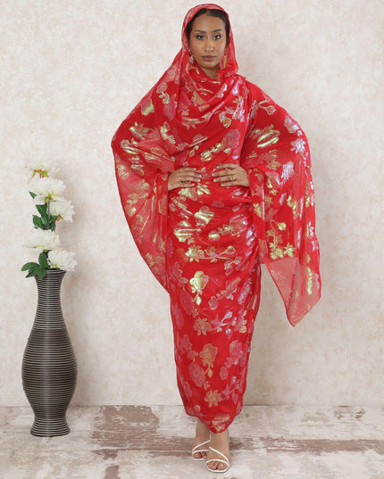 Crimson red Premium pure silk chiffon thobe with gold and mint green metallic lurex in floral design-D14397 Regal Fabrics