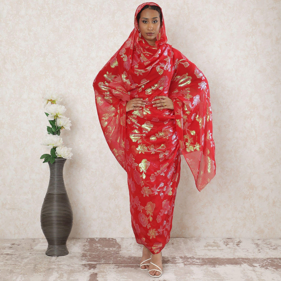 Crimson red Premium pure silk chiffon thobe with gold and mint green metallic lurex in floral design-D14397 Regal Fabrics
