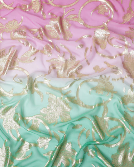 Aqua green to magenta pink Premium pure French (Fansawi) silk chiffon fabric in ombre design-D14025