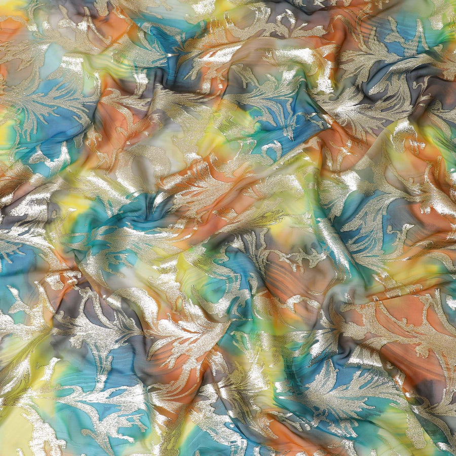 Multicolor Premium pure silk chiffon with gold metallic lurex in leaf design-D11385