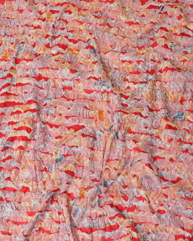 Blood red synthetic chiffon fabric with off white and same tone patchwork in fancy design-D11671