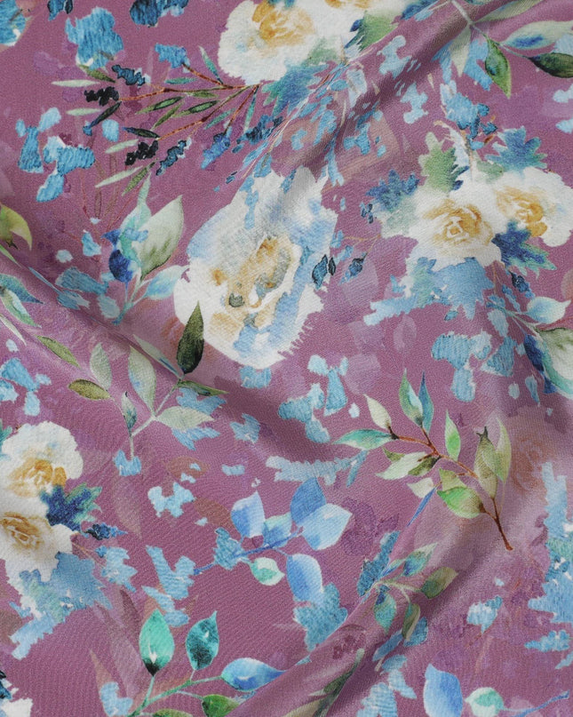 قماش كريب صناعي لافندر مع طباعة متعددة الألوان بتصميم زهور-D14466