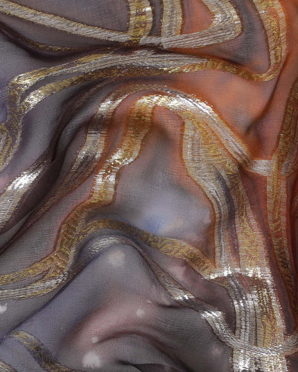 قماش شيفون من الحرير الخالص متعدد الألوان مع لوريكس معدني ذهبي بتصميم تجريدي-D14103