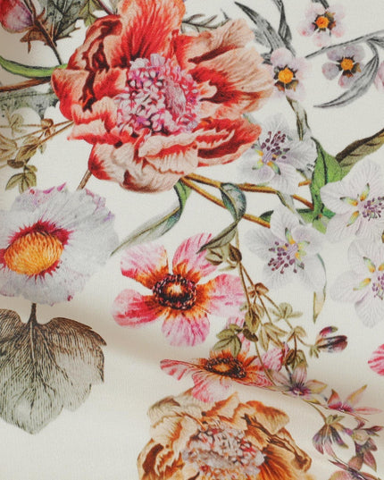 Beige synthetic crepe fabric with multicolor print in floral design-D10003