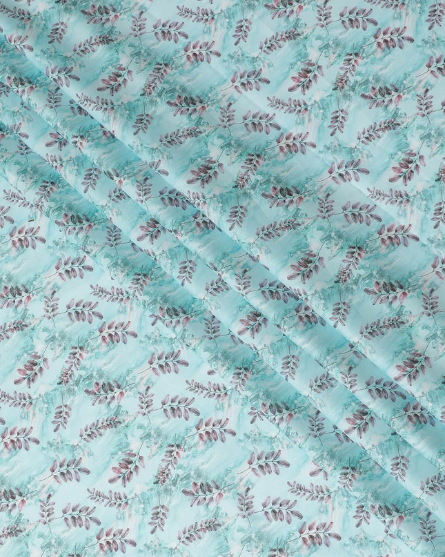 Powder blue cotton lawn fabric with same tone and brownish pink print in leaf design-D15283 Regal Fabrics