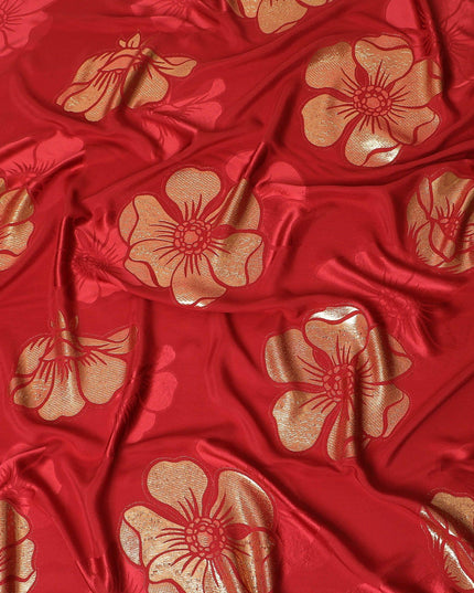 Crimson red Premium pure silk crepe fabric with same tone jacquard and gold metallic lurex in floral design-D14632 - Regal Fabrics