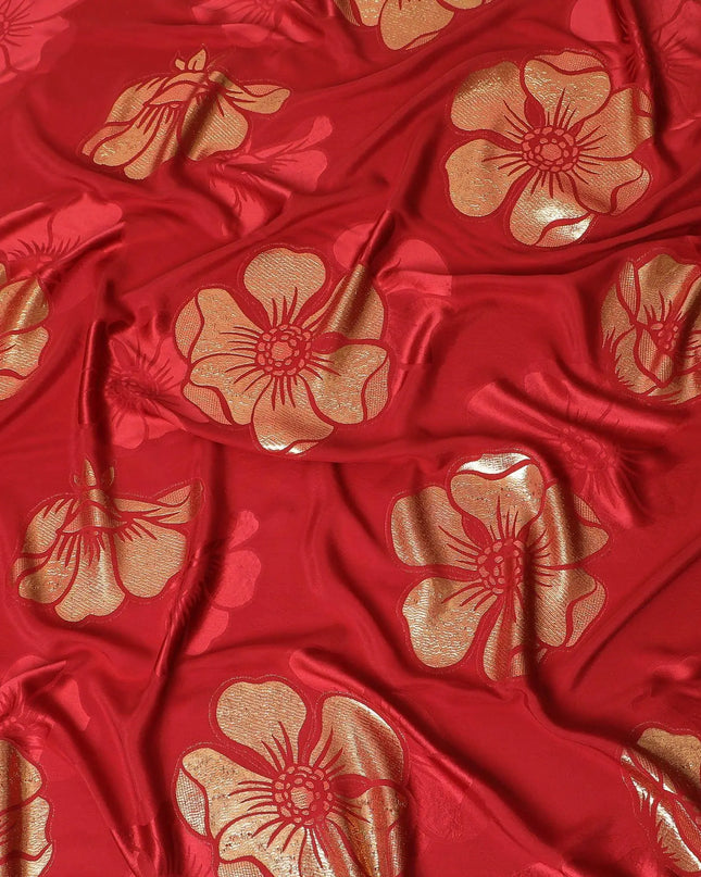 Crimson red Premium pure silk crepe fabric with same tone jacquard and gold metallic lurex in floral design-D14632 Regal Fabrics