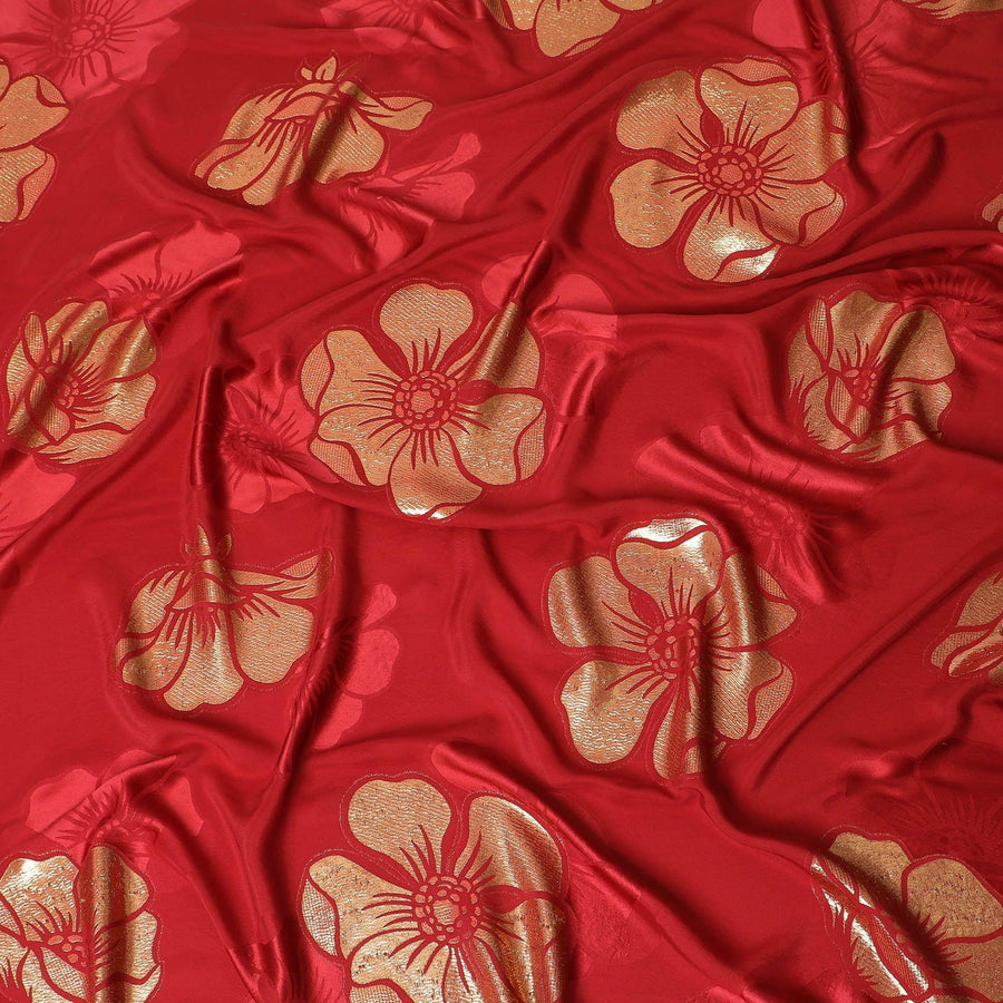Crimson red Premium pure silk crepe fabric with same tone jacquard and gold metallic lurex in floral design-D14632 - Regal Fabrics