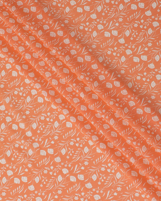 Orange cotton voile fabric with beige print in floral design-D15153