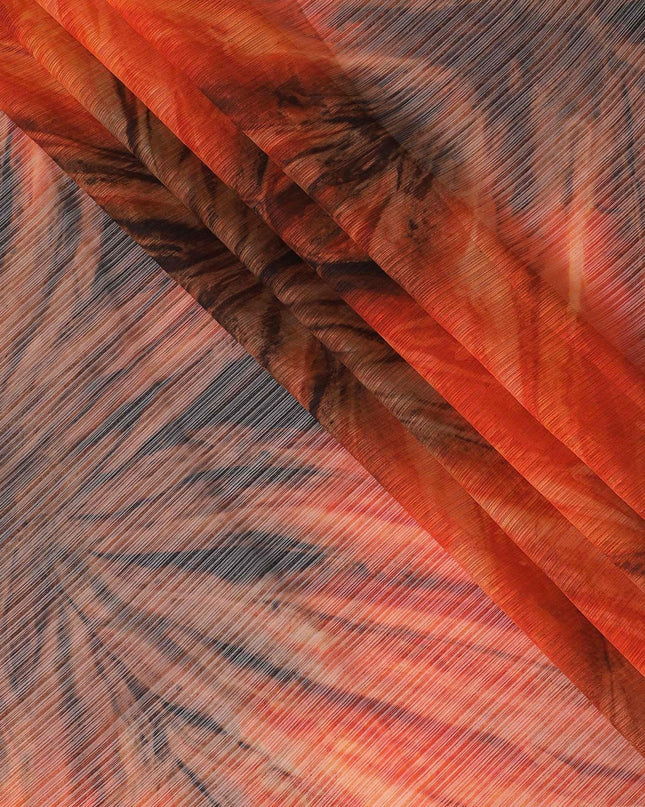 Squash orange synthetic chiffon fabric having tie and die print with metallic lurex in abstract design-D10339 Regal Fabrics
