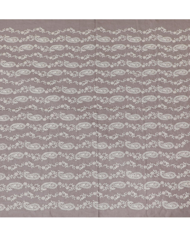 Light brown premium pure cotton voile fabric with beige embroidery in paisley design-D13634