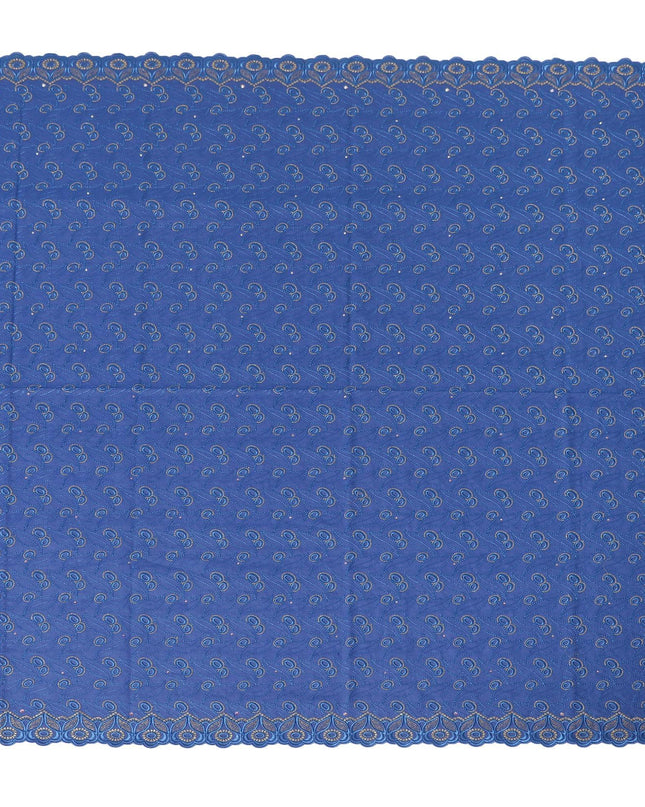 Royal blue Premium pure 100% Swiss cotton voile (Sudanese Thobe) fabric with same tone and gold embroidery having stone work in fancy design-D13796