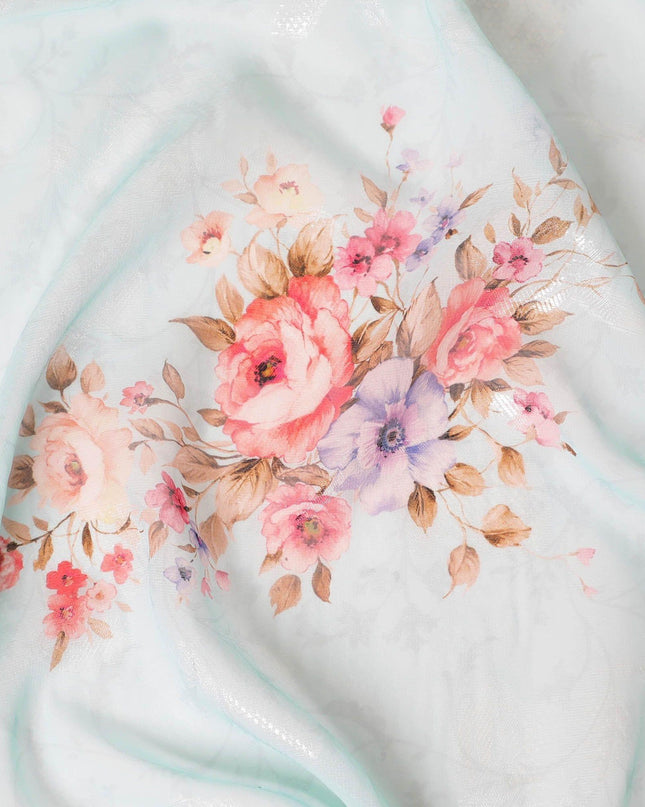 Baby blue synthetic chiffon fabric with multicolor print having silver metallic lurex in floral design-D9748