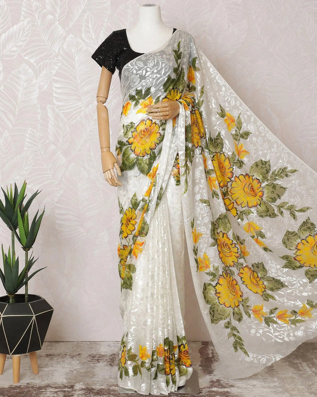 White Premium pure silk chiffon Saree with same tone jacquard, multicolor hand paint having stone work in floral design-D15495 Regal Fabrics