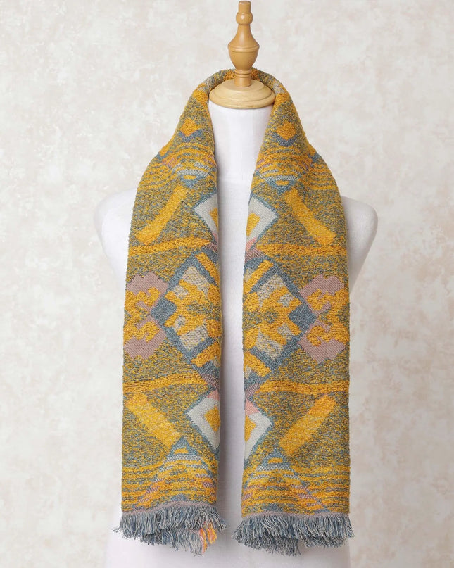 Mustard yellow, beige, copper brown poly wool scarf in abstract design-D10684 Regal Fabrics