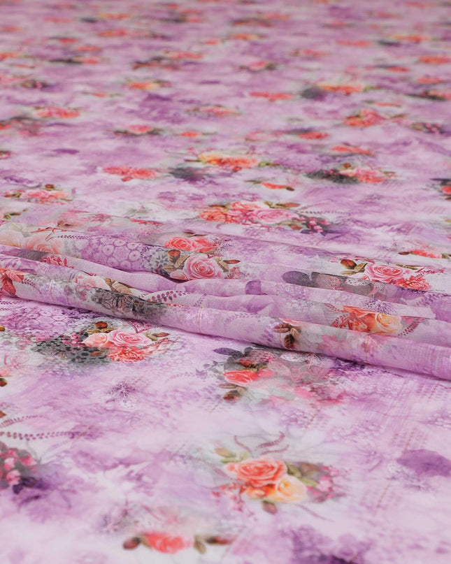 قماش الفوال القطني باللون الوردي الخزامي مع مشبك ذو طباعة متعددة الألوان بتصميم الأزهار-D9068