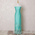 Tiffany blue blended cotton lawn fabric with same tone, laurel green embroidery having stone work in floral design-D15090