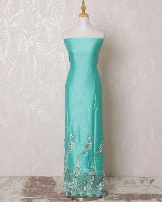 Tiffany blue blended cotton lawn fabric with same tone, laurel green embroidery having stone work in floral design-D15090 Regal Fabrics