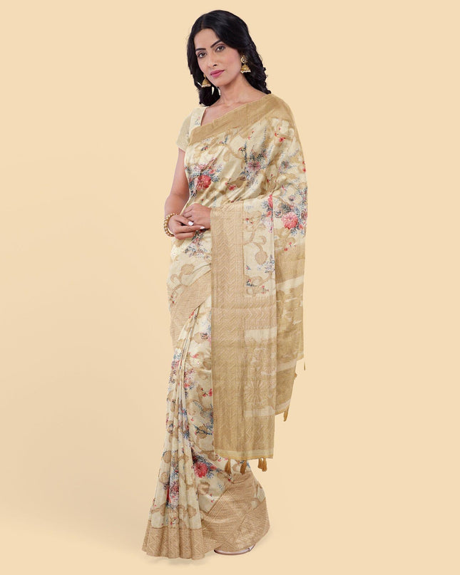 Laguna yellow synthetic chanderi silk saree with gold lurex & prints in floral design. Blouse piece in same colour-D12738