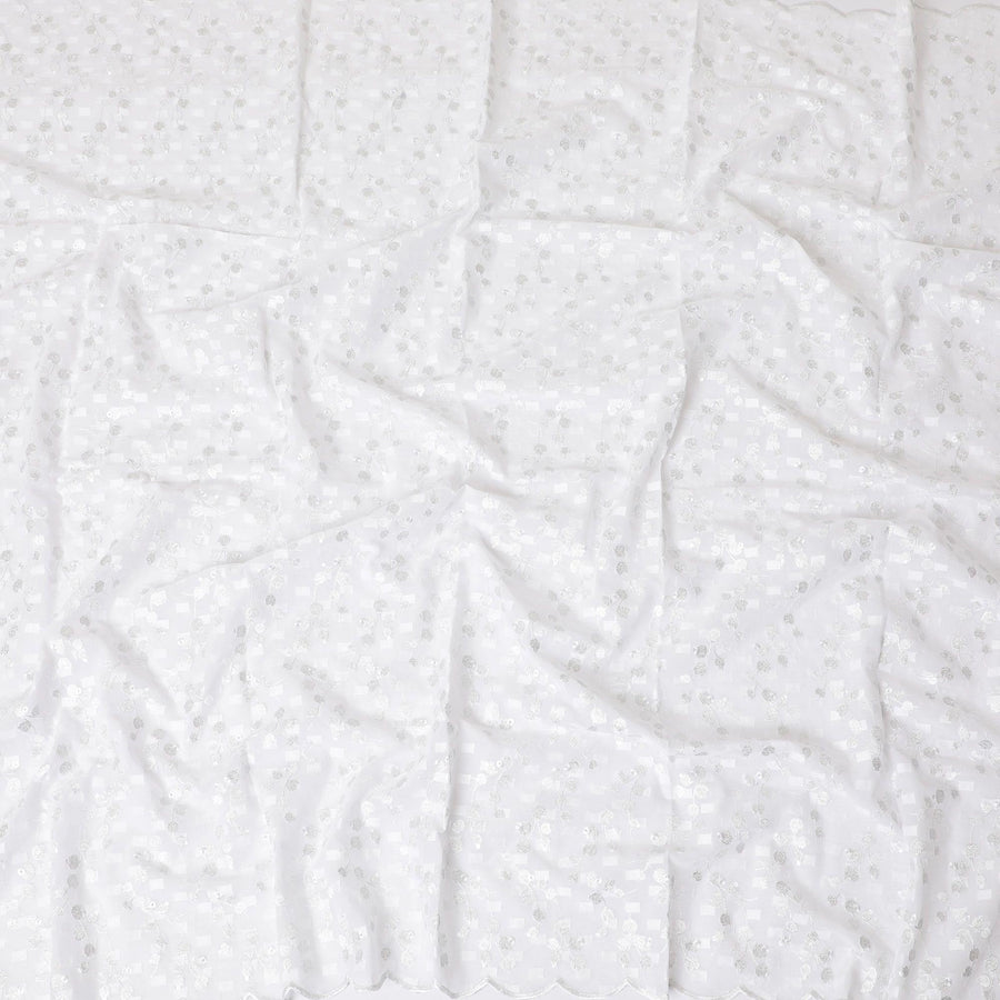 White Premium pure cotton voile (Sudanese Thobe) fabric with same tone clip cord having same tone and grey metallic embroidery in floral design-D13830