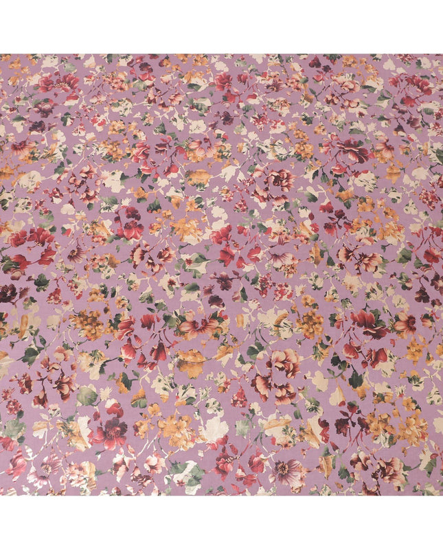 Light plum cotton voile fabric with multicolor metallic foil print in floral design-D9779
