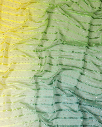 Multicolor synthetic chiffon fabric with gold stripe having same tone metallic dot foil in stripe design-D13651 Regal Fabrics
