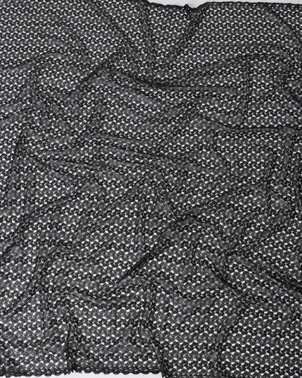 Black guipure lace fabric with silver metallic weave in fancy design-D11794