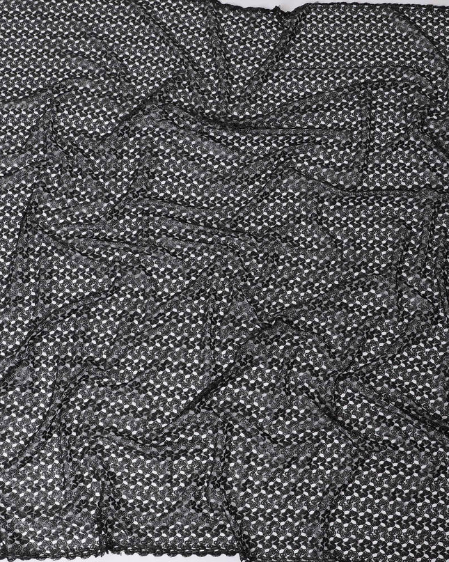 Black guipure lace fabric with silver metallic weave in fancy design-D11794
